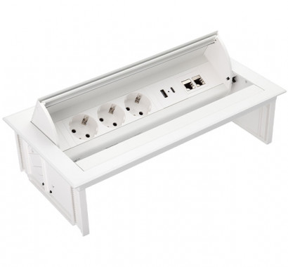 Врезной блок с крышкой - 3 розетки 220 В, зарядное устройство USB A/C 30Вт, 2 компьютерных разъема RJ 45 кат.6